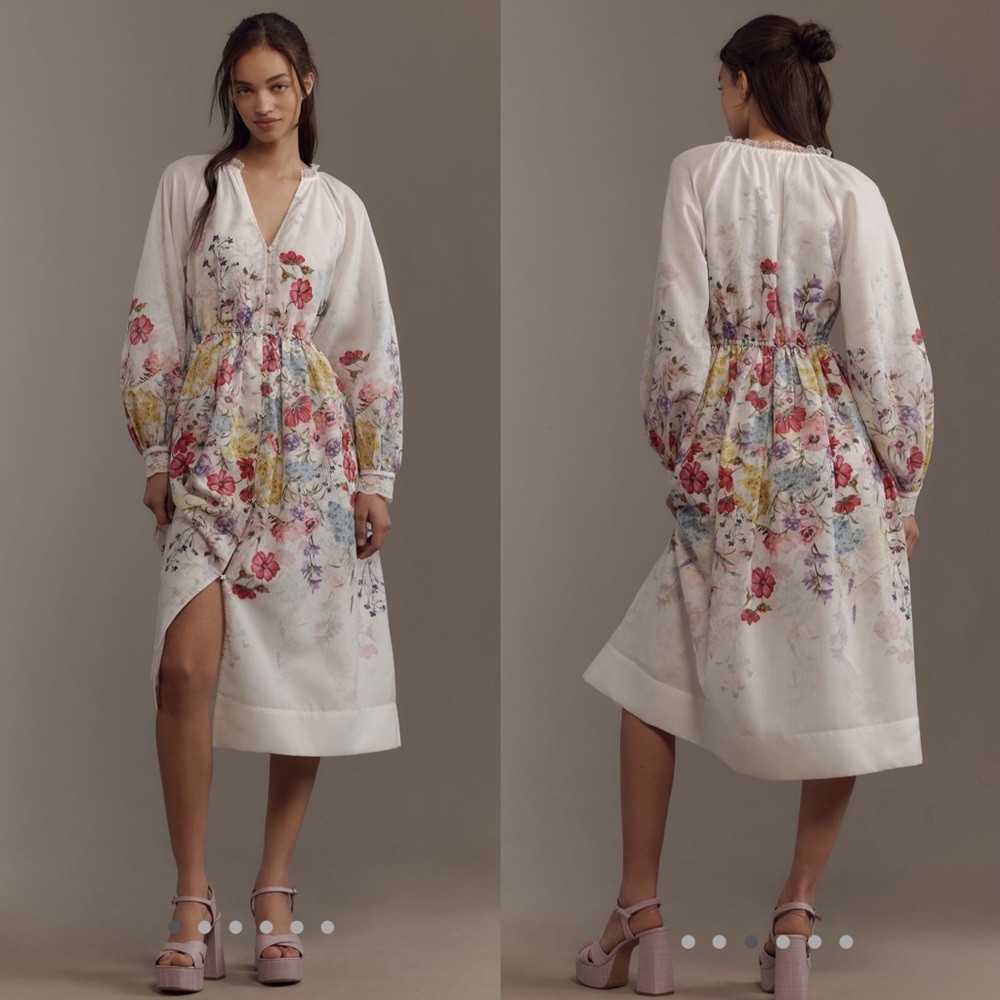 Anthropologie Let me be long sleeve V neck floral A-line midi dress
